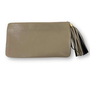 Halogen Colorblock Leather Clutch Black And Tan Top Zipper With Tassle